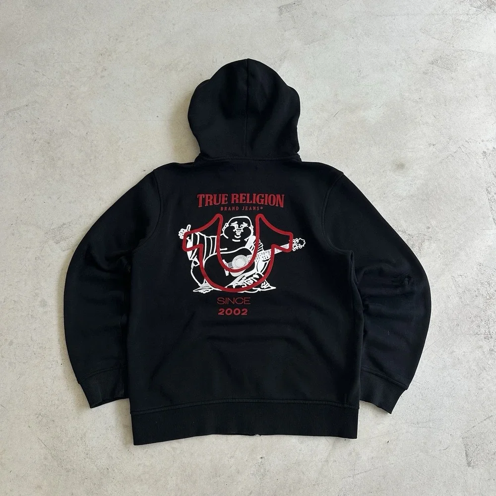 True Religion Men's M Black Full Zip Hoodie Graphic Logo Red Print Pockets